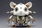 A white and gold robot mouse sitting on top of a table. Generative AI image.