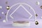 White and golden cylinder product stand with decoration on purple background, pedestal podium display, 3D Rendering