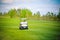 White golf car on the green golf field on beautiful sunny day