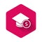 White Graduation cap and coin icon isolated with long shadow. Education and money. Concept of scholarship cost or loan