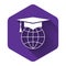 White Graduation cap on globe icon isolated with long shadow. World education symbol. Online learning or e-learning