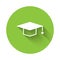 White Graduation cap icon isolated with long shadow. Graduation hat with tassel icon. Green circle button. Vector