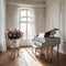 a white grand piano in a bright great room,