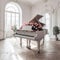 a white grand piano in a bright great room,