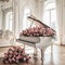 a white grand piano in a bright great room, Generative AI