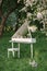 A white Grand piano stands in the flowering Apple orchards in the spring. Wedding or birthday decor romantic