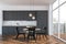 White and gray kitchen interior, balcony, table