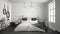 White and gray modern bedroom with cozy double bed, brick wall,