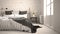 White and gray modern bedroom with cozy double bed, brick wall,