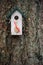 White and green birdhouse with hanging heart made from seeds