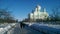 White and green church, Russian monastery in winter.