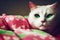 White green-eyed fluffy cat on a pink background. The serene elegance of a green-eyed white cat. AI-generated