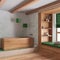 White and green farmhouse bathroom with wooden bathtub. Window with bench and pillows, plaster concrete walls. Japandi interior