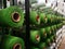 White and green yarns in racks for artificial grass weaving machines.