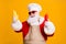 White grey beard hair funky santa in chef cap cook x-mas christmas feast hold mustard tomato sauce bottles isolated over