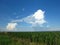 White and grey clouds in blue sky. Stormy rainy weather forecast