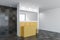 White and grey tiled bathroom with yellow washbasin and big mirror