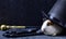 A white guinea pig under a black tall hat with leather gloves and a magic knobbed cane on a dark copy space background