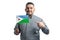 White guy holding a flag of Djibouti and points the finger of the other hand at the flag isolated on a white background