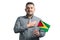 White guy holding a flag of Guyana and holds his hand on his heart isolated on a white background With love to Guyana