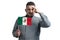 White guy holding a flag of Mexico and a finger touches the temple on the head isolated on a white background