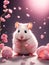 White hamster on a background of pink flowers,