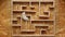 A white hamster runs in a wooden maze. Concept difficulties, success, struggle