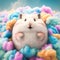 White hamster sitting in cloud of colored clouds. Generative AI