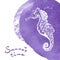 White Hand drawn seahorse over vivid violet watercolor texture. Marine life sketch zentangle design for summer vacation