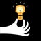 White Hand holding orange light bulb on black background. Concept vector illustration of search for answers to questions,