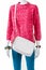 White handbag with pink pullover.