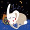White hare sleeps on pillows under the moonlit sky.