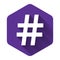 White Hashtag icon isolated with long shadow. Social media symbol. Modern UI website navigation. Purple hexagon button