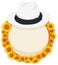 White hat over round button decorated with yellow flowers, Vector illustration