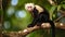 White-headed Capuchin, black monkey sitting on tree branch in the dark tropical forest. Generative AI