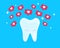 White healthy beautiful tooth with hearts, social media like icons. Concept of dental health care, cleaning teeth