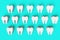 White healthy teeth motion 3D rendering pattern on blue background. National Dentist\\\'s Day Digital molar tooth anatomy