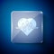 White Heart rate icon isolated on blue background. Heartbeat sign. Heart pulse icon. Cardiogram icon. Square glass