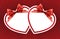White hearts with ribbon on red background