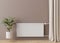 White heating radiator with thermostat on brown wall. Central heating system. Free, copy space for your text. 3D