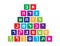 White Hebrew letters on colorful square shapes