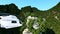 White helicopter flying in Mountains Cliffs with trees. rescuer. 3d rendering.