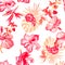 White Hibiscus Painting. Red Flower Backdrop. Scarlet Seamless Print. Pink Watercolor Design. Pattern Foliage. Tropical Jungle. Ex