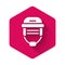 White Hockey helmet icon isolated with long shadow. Pink hexagon button. Vector