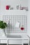 White home interior, office room. Grid mood board. Stylish white desktop. Mockup