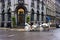 White horse and carriage, historic buildings, Old Montreal, Quebec, Canada