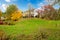 White horse farm American house during fall with green grass.