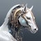 A white horse head that is a futuristic machine of the future world. Wildlife Animals. Illustration, Generative AI