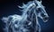 White horse with long mane on blue background. Wind horse spirit. Ice horse silhouette in dynamic pose