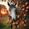 White horse with red apples in the apple garden at sunset. Autumn landscape.